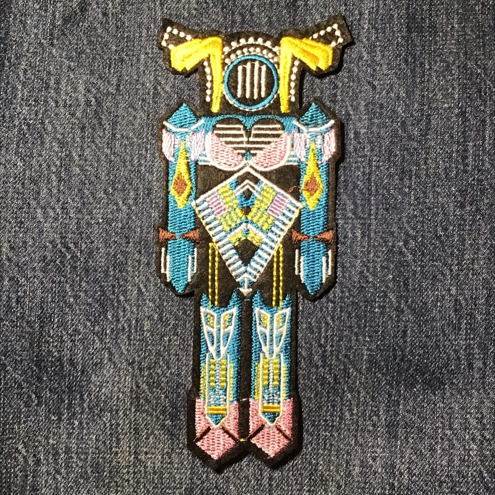 Embroidered Tribal Robot Patch in Blue, Pink & Yellow